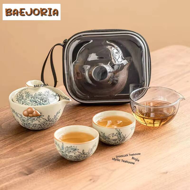 Korean Tea Set - Cute Rabbit Sunflower Ru Kiln Tea